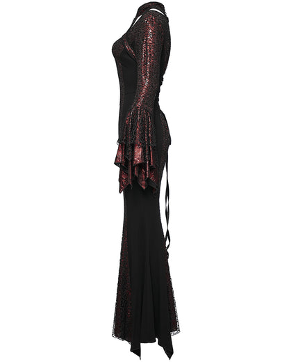 WQ-772LQF Womens Long Gothic Fitted Maxi Dress With Mesh Contrast - Red & Black