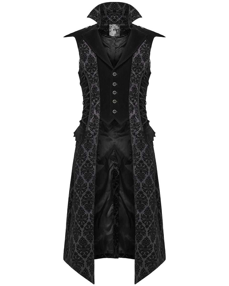 WY-1683MJM Mens Long Regency Gothic Flocked Velvet Damask Waistcoat Vest