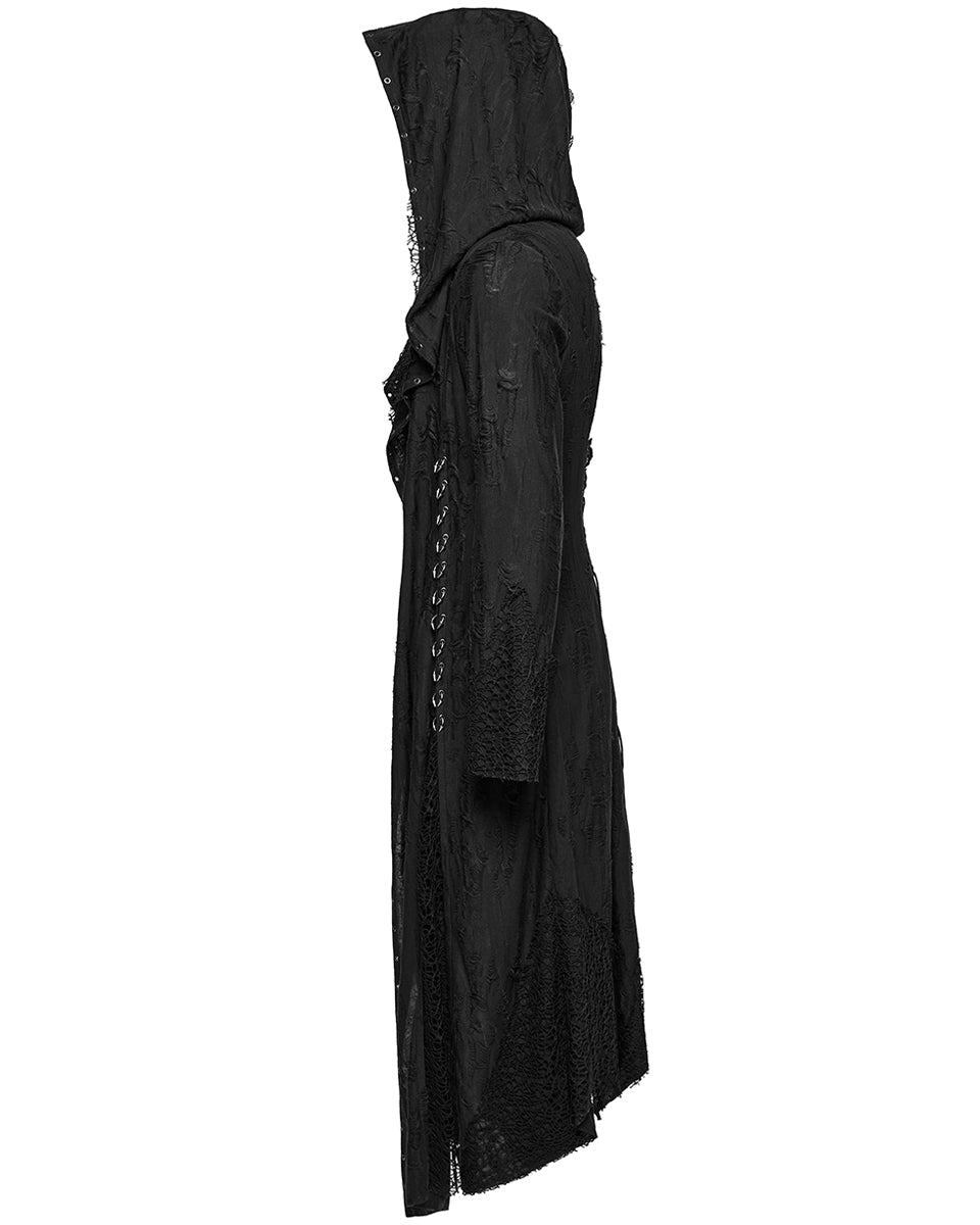 WY-1795XCM-BKM Mens Apocalyptic Gothic Broken Knit Hooded Piercing Cloak Jacket