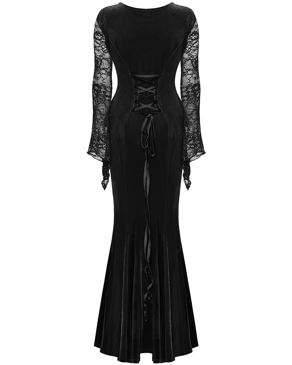 WQ-763LQF Womens Long Gothic Velvet & Lace Applique Maxi Dress - Black