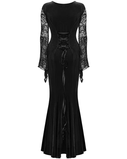 WQ-763LQF Womens Long Gothic Velvet & Lace Applique Maxi Dress - Black