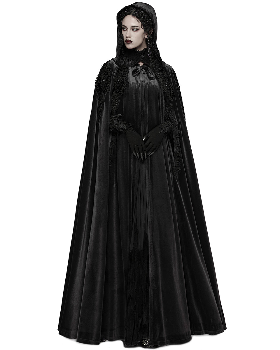 WY-1824DPF Womens Long Gothic Velvet & Lace Applique Hooded Cloak - Black