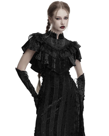 OY-1750DPF Daily Life Womens Long Gothic Crushed Velvet & Lace Bolero Cape - Black