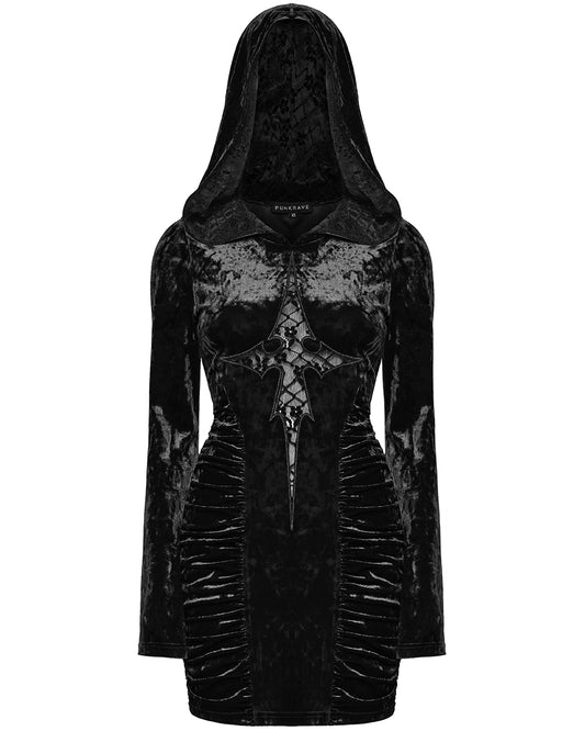 OQ-840LQF Daily Life Womens Dark Gothic Lace Crucifix Hooded Bodycon Dress