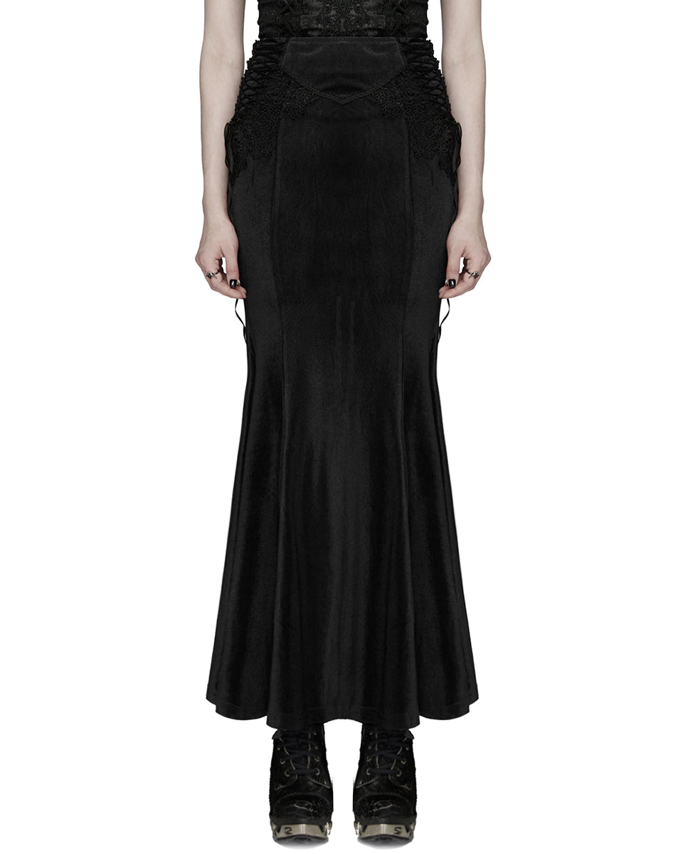 PR-WQ-929BQF-BKF Womens Long Gothic Velvet & Lace Applique Maxi Skirt