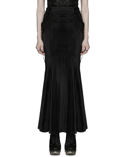 PR-WQ-929BQF-BKF Womens Long Gothic Velvet & Lace Applique Maxi Skirt