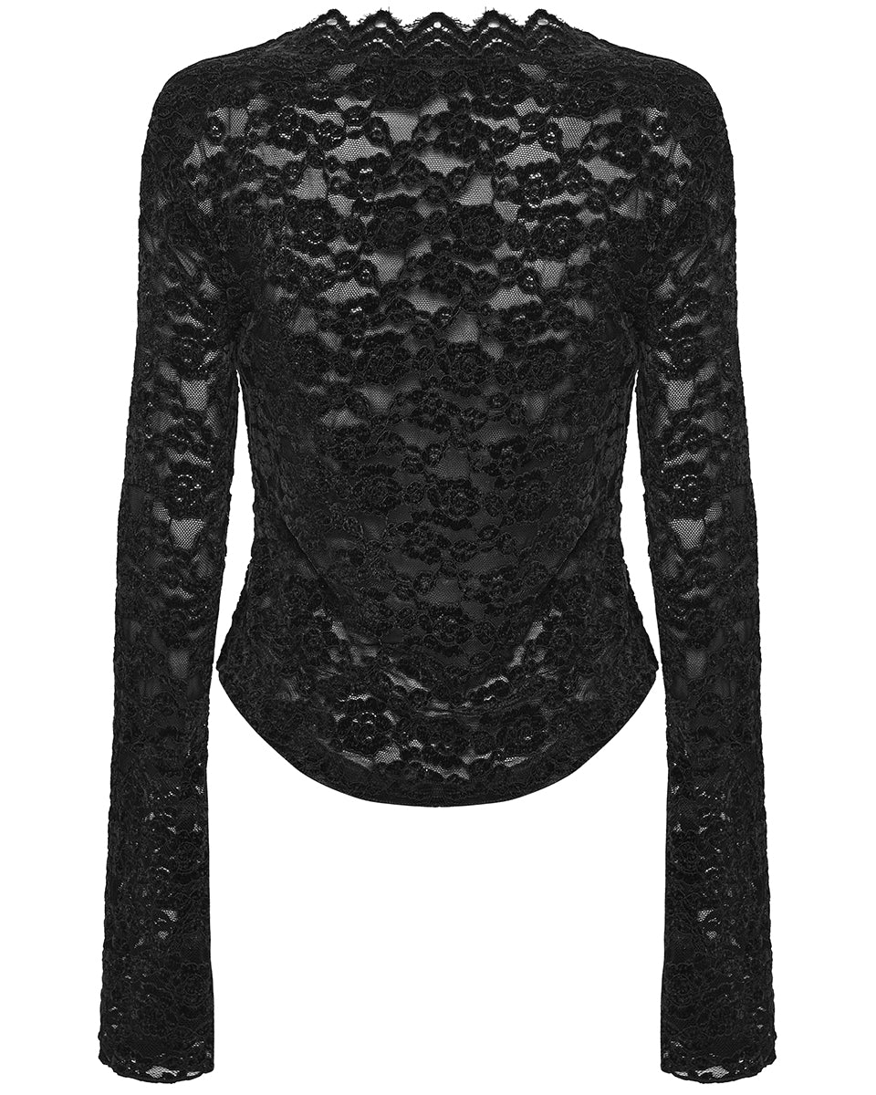 OT-1014TCF-BKF Womens Elegant Floral Lace V-Neck Top - Black