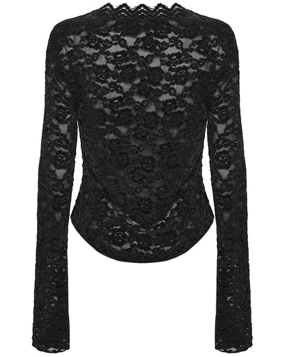 OT-1014TCF-BKF Womens Elegant Floral Lace V-Neck Top - Black