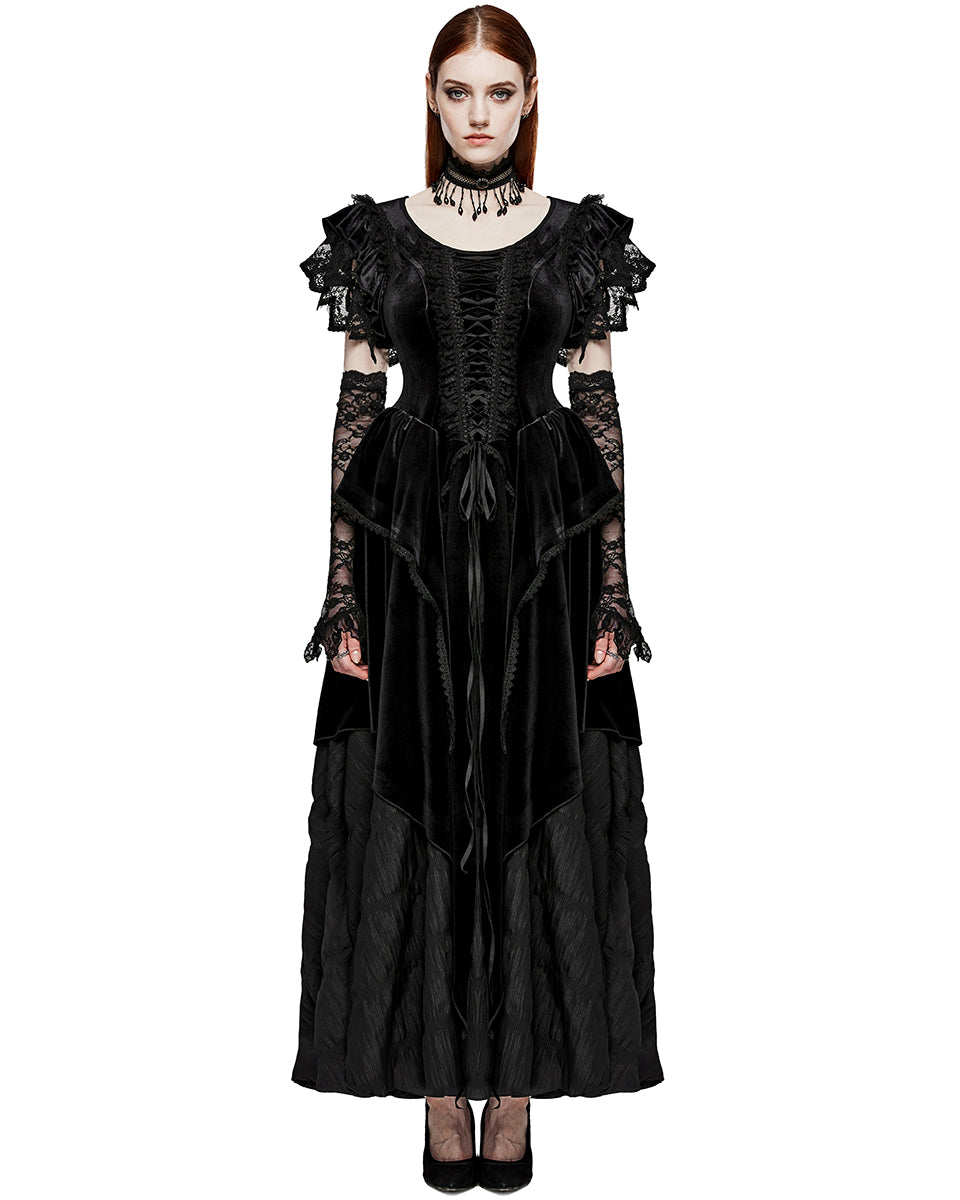 PR-WQ-633LQF-BKF Womens Dark Regency Gothic Velvet Wedding Dress & Lace Opera Gloves