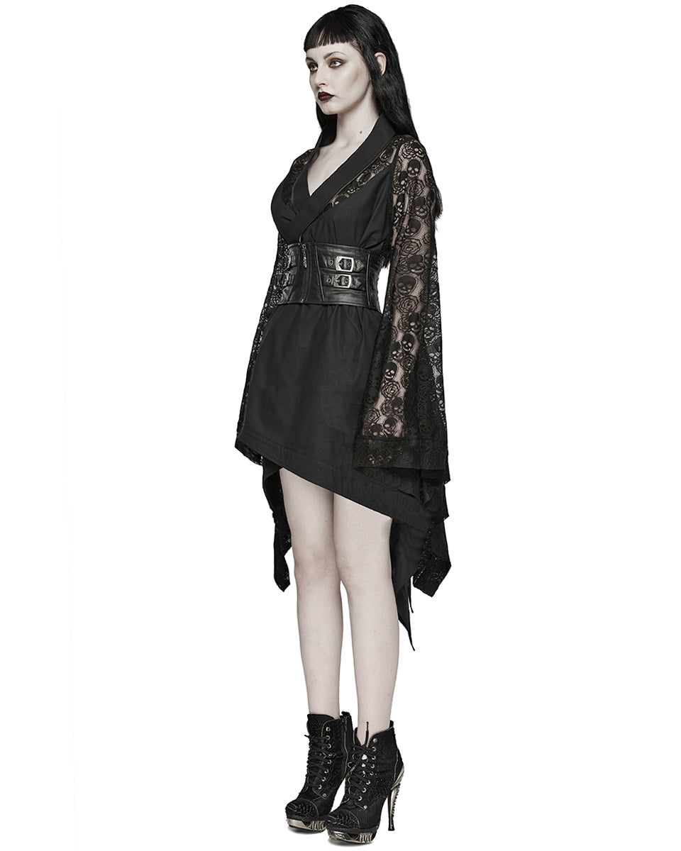 WY-1581XCF Womens Dark Gothic Skull Lace Belted Kimono Dress Jacket