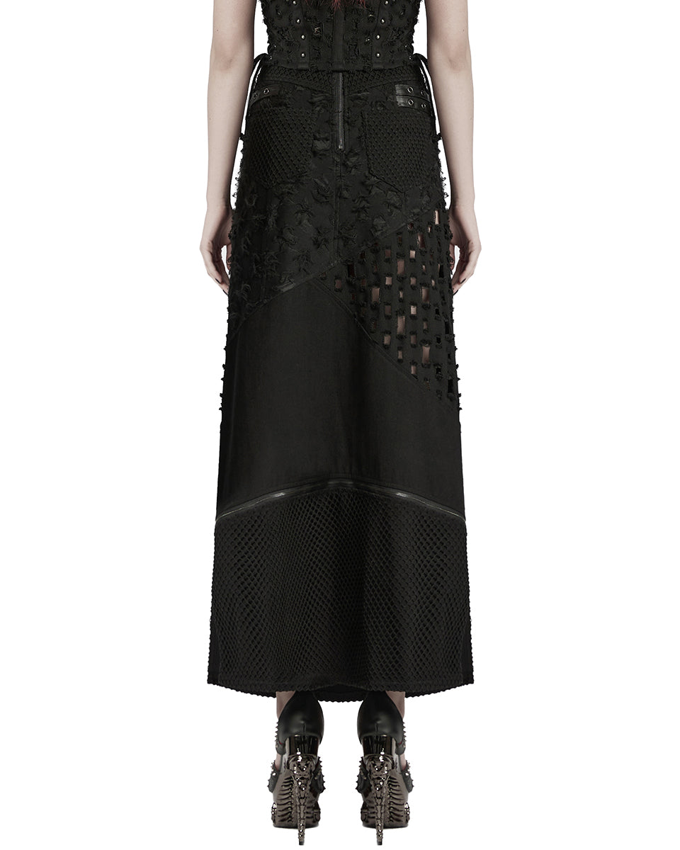 WQ-847BQF-BKF Womens Apocalyptic Punk Spliced Broken Knit Detachable Skirt