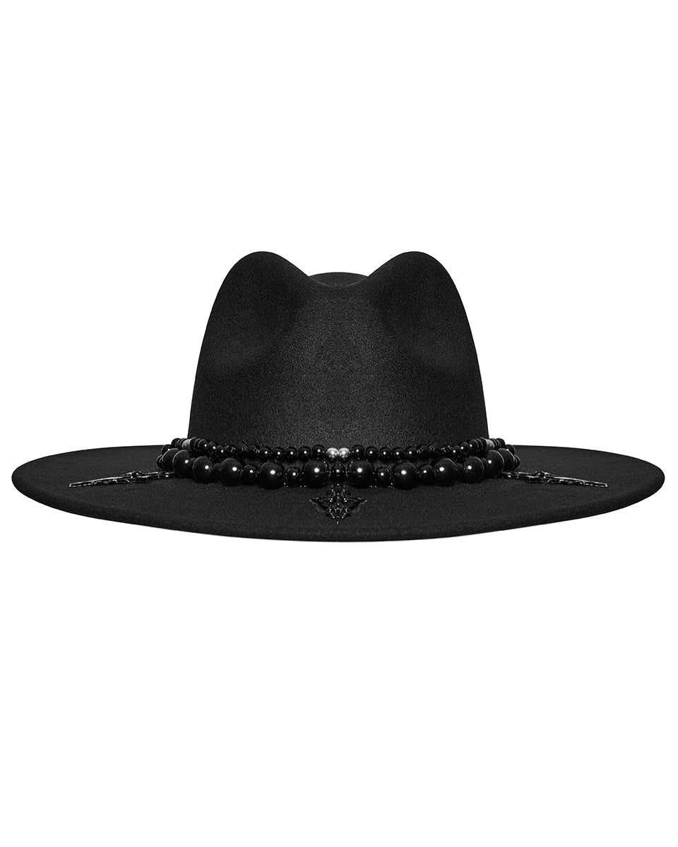 OS-759MZ Daily Life Womens Gothic Beaded Wide Brim Fedora Hat - Black