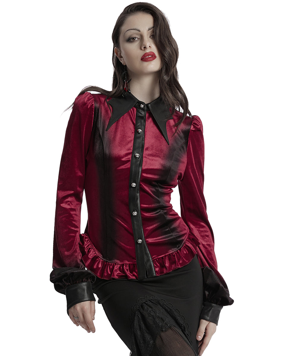 OY-1697DQF-RDF Daily Life Gothic Gradient Velvet Bat Collar Blouse Top - Red & Black