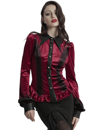 OY-1697DQF-RDF Daily Life Gothic Gradient Velvet Bat Collar Blouse Top - Red & Black