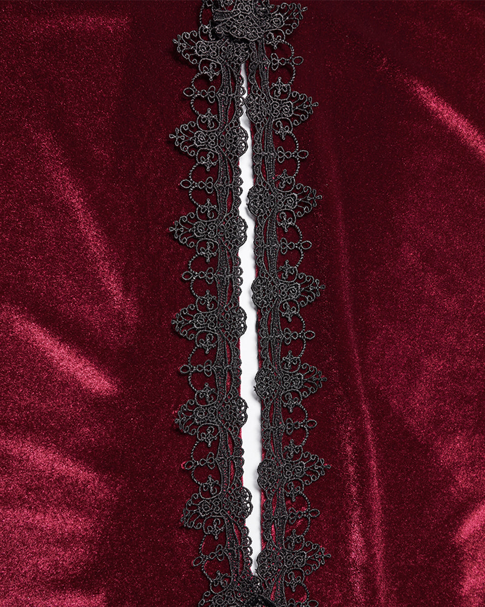 WY-1824DPF Womens Long Gothic Velvet & Lace Applique Hooded Cloak - Red & Black