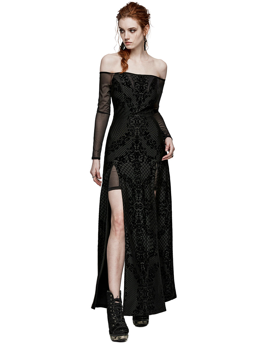 PR-WQ-651LQF-BKF Womens Gothic Flocked Velvet Damask Off-Shoulder Maxi Dress