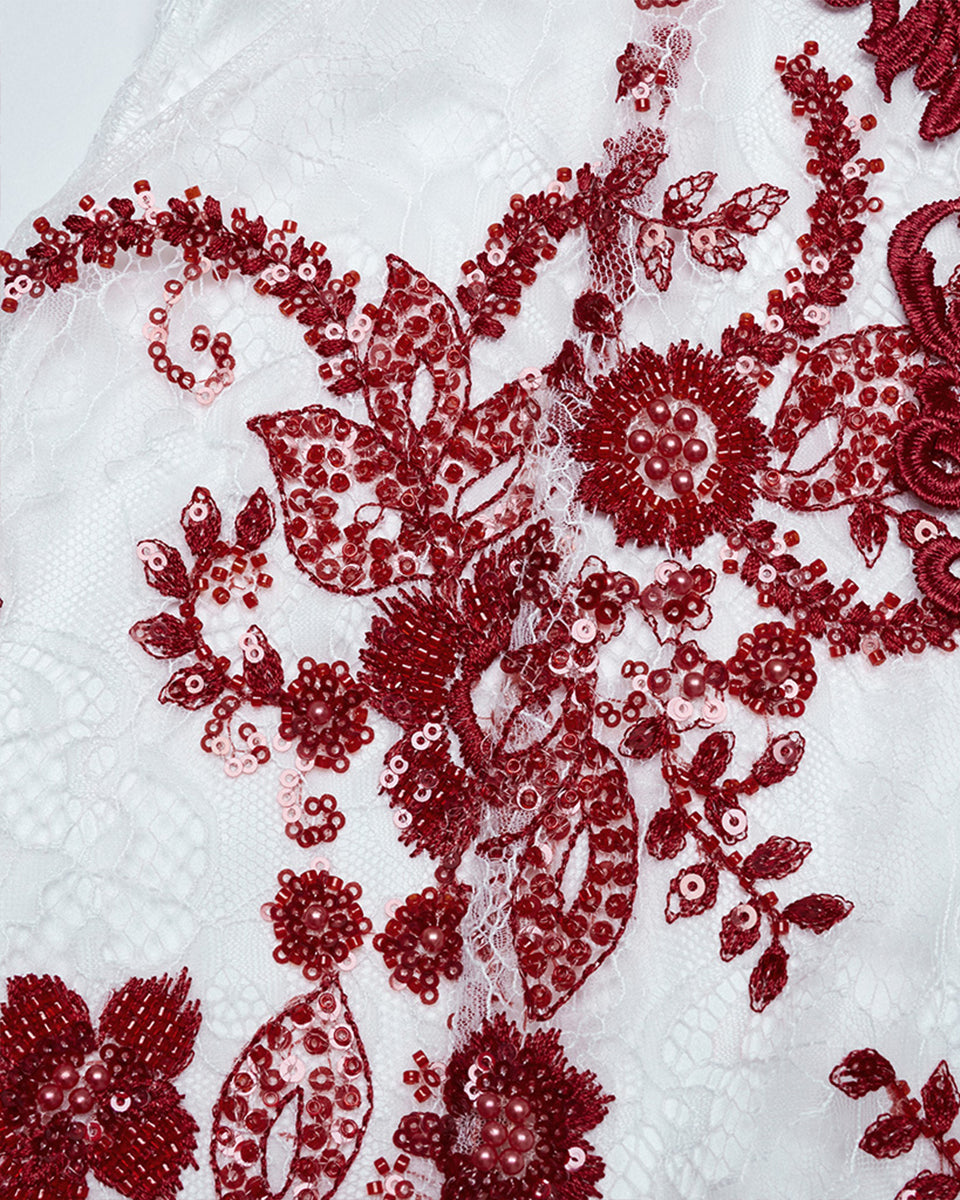 WQ-859DQF-WHRDF Womens Long Gothic Floral Sequined Wedding Prom Dress - White & Red