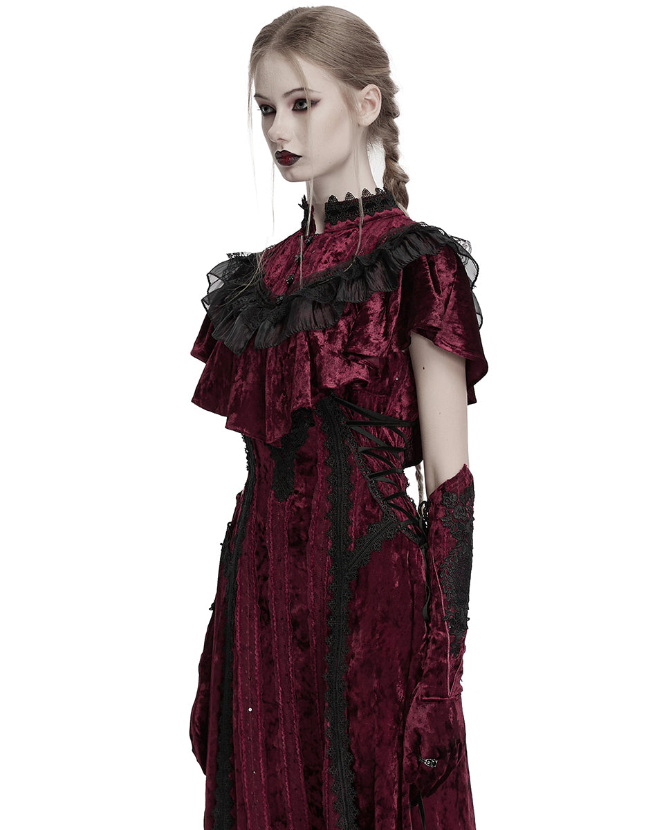 OY-1750DPF Daily Life Womens Gothic Crushed Velvet & Lace Bolero Cape - Red