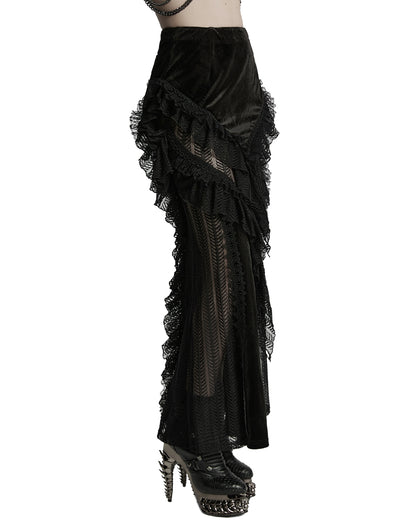 WQ-841BQF-BKF Womens Long Victorian Gothic Velvet & Lace Maxi Skirt