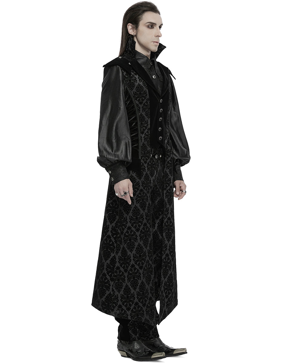 WY-1683MJM Mens Long Regency Gothic Flocked Velvet Damask Waistcoat Vest