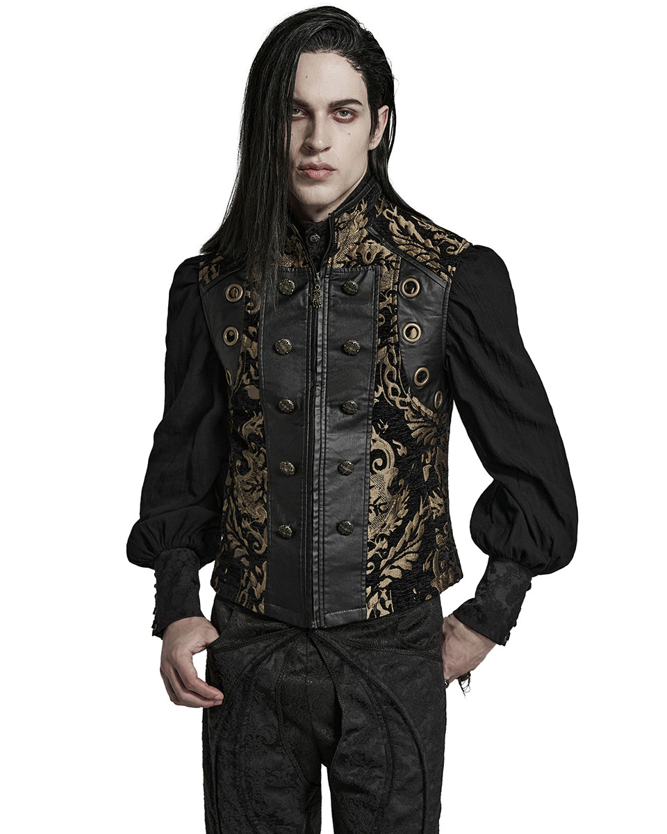 PR-Y1489-BKGDM Mens Regency Gothic Steampunk Tapestry Waistcoat Vest - Black & Gold