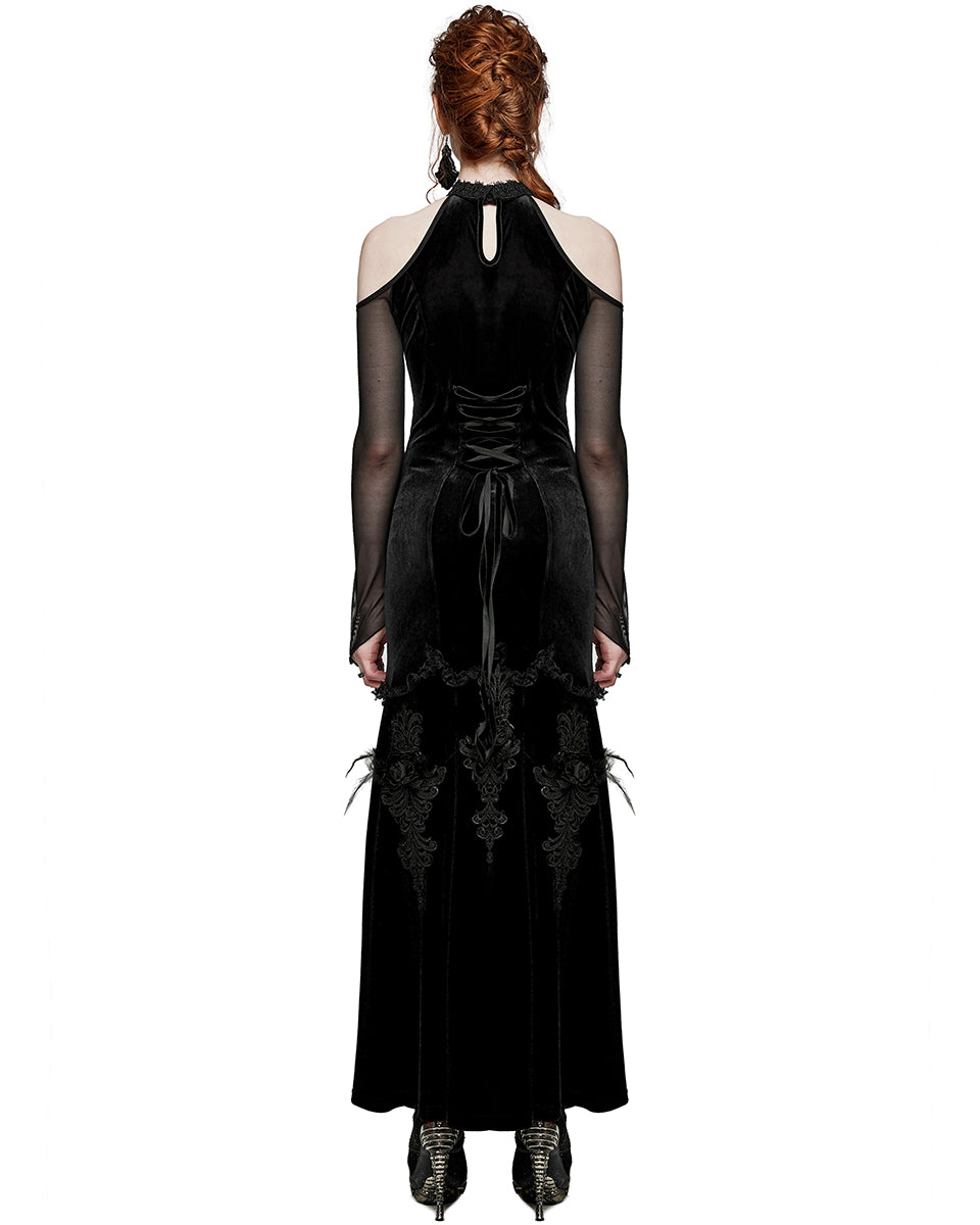 PR-WQ-658DQF-BKF Womens Dark Regency Gothic Velvet & Mesh Evening Dress - Black