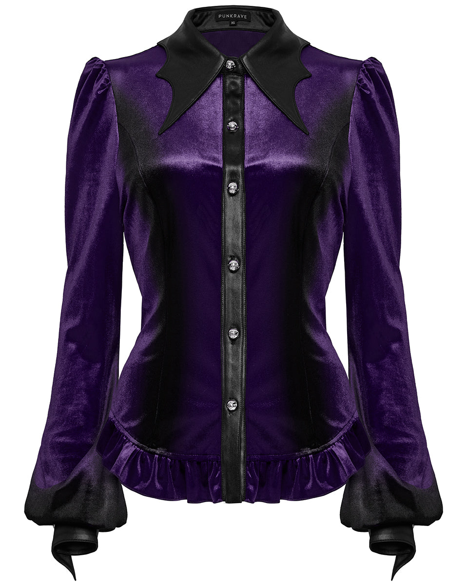 OY-1697DQF-VIF Daily Life Gothic Gradient Velvet Bat Collar Blouse Top - Purple & Black