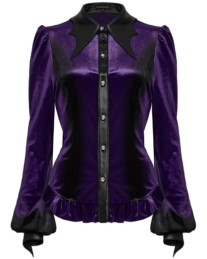 OY-1697DQF-VIF Daily Life Gothic Gradient Velvet Bat Collar Blouse Top - Purple & Black