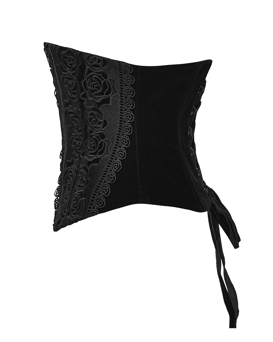 WS-790YDF Womens Baroque Gothic Rose Embroidered Velvet Cincher Corset - Black