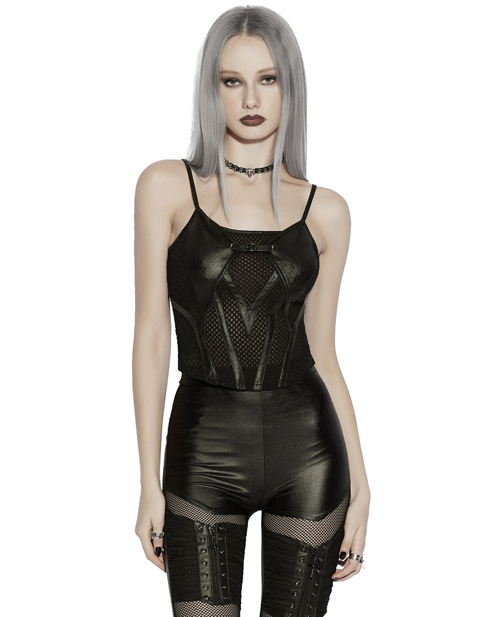 PR-OT-1070DDF-BKF Daily Life Womens Cyberpunk Faux Leather & Mesh Skull Camisole Vest Top