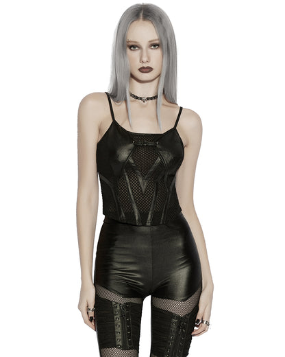 PR-OT-1070DDF-BKF Daily Life Womens Cyberpunk Faux Leather & Mesh Skull Camisole Vest Top