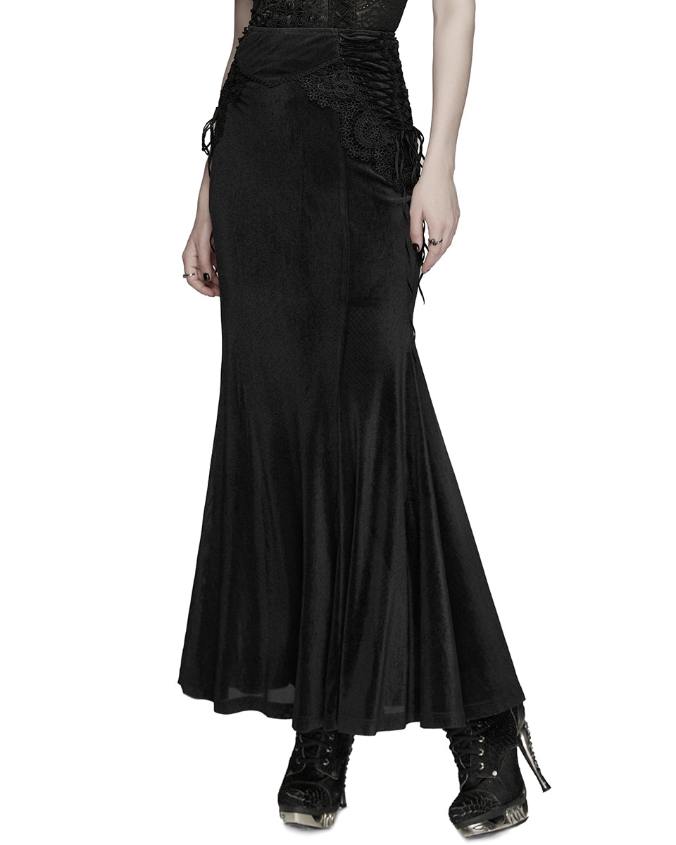 PR-WQ-929BQF-BKF Womens Long Gothic Velvet & Lace Applique Maxi Skirt