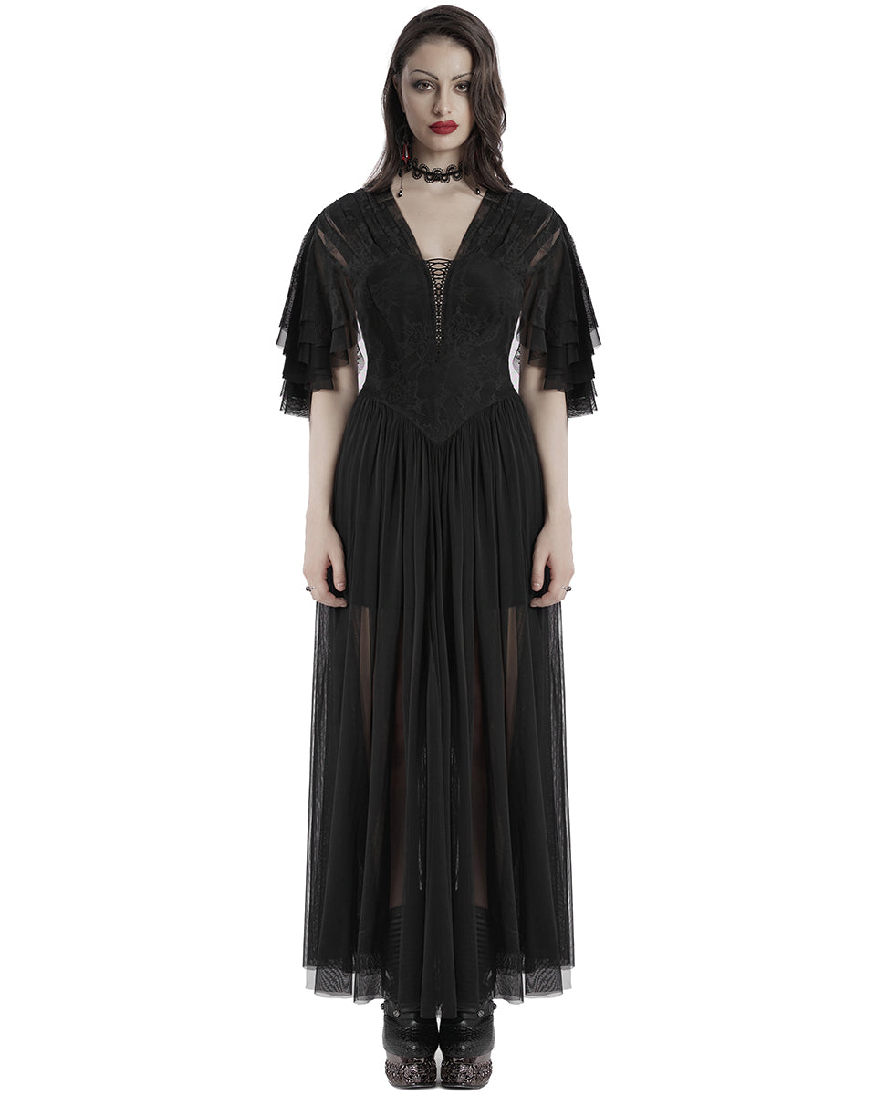 OQ-805LQF Daily Life Long Gothic Rose Lace & Pleated Mesh Lace Up Maxi Dress