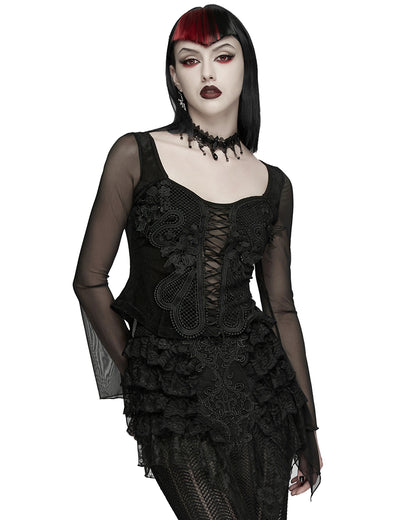 PR-WT-1069TCF-BKF Womens Elegant Gothic Velvet & Mesh Lace Applique Blouse Top