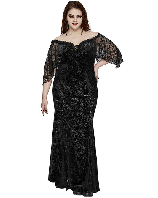 DQ-730LQF Plus Size Womens Gothic Embossed Velvet Off-Shoulder Maxi Dress - Black