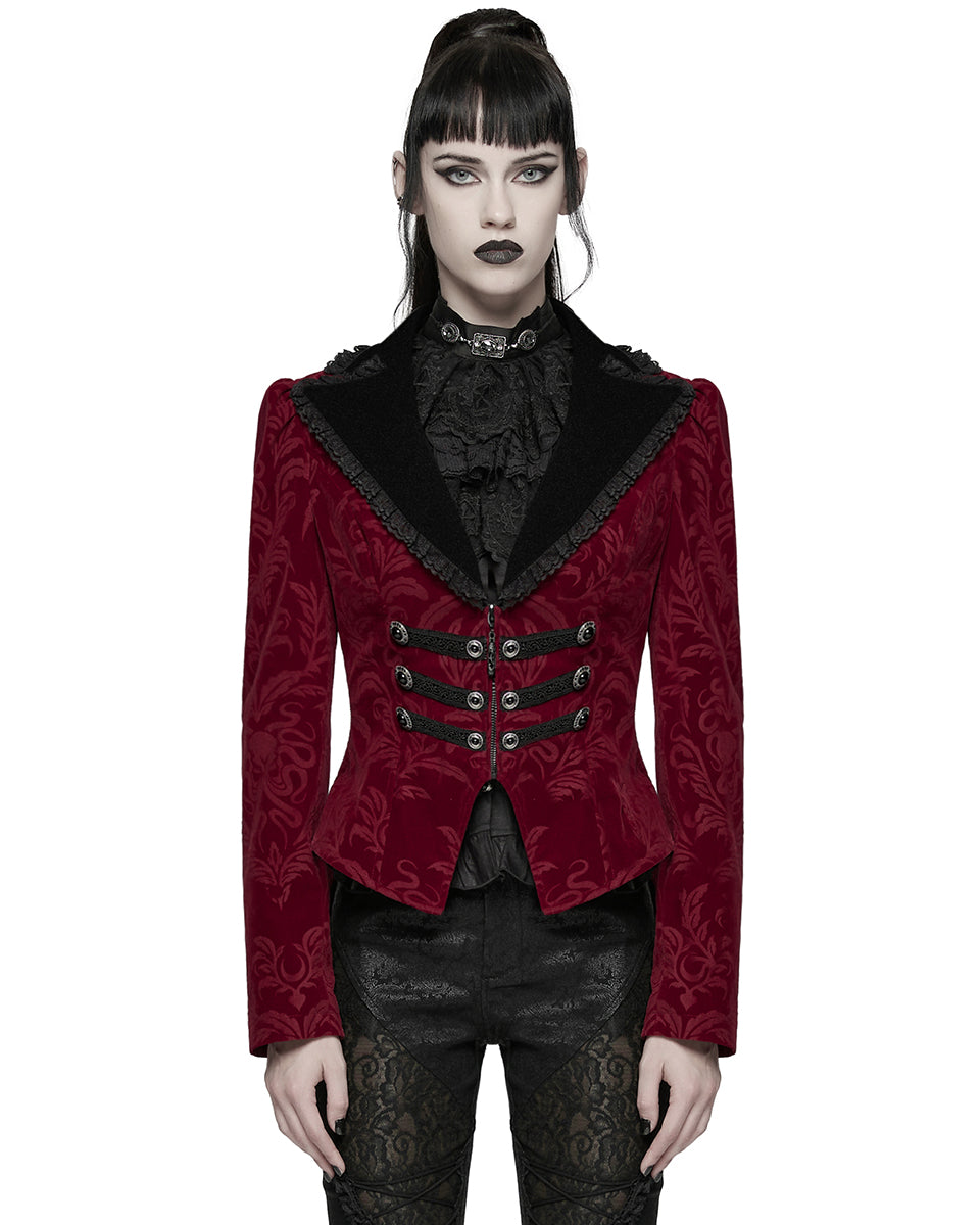 WY-1833LDF Womens Gothic Aristocrat Damask Velvet Frock Coat Jacket - Red