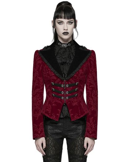 WY-1833LDF Womens Gothic Aristocrat Damask Velvet Frock Coat Jacket - Red