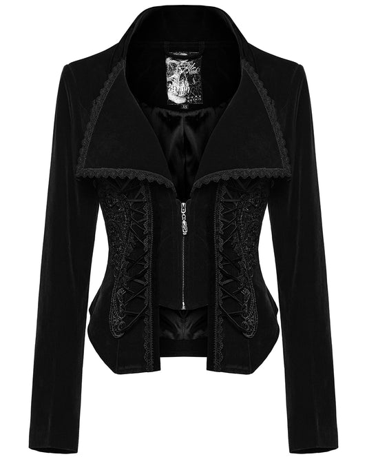 PR-WY-1535DQF-BKF Womens Gothic Velvet & Lace Riding Jacket - Black