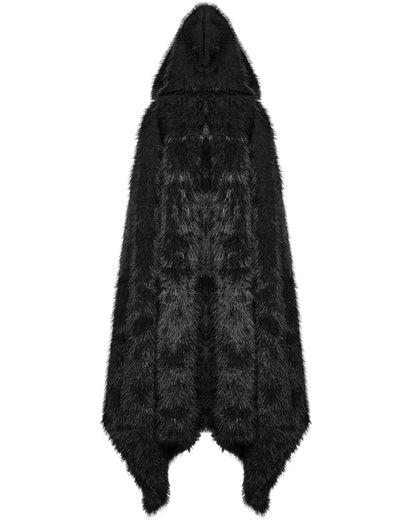 WY-1663DPF Womens Long Gothic Faux Fur Asymmetric Hooded Winter Cloak - Black