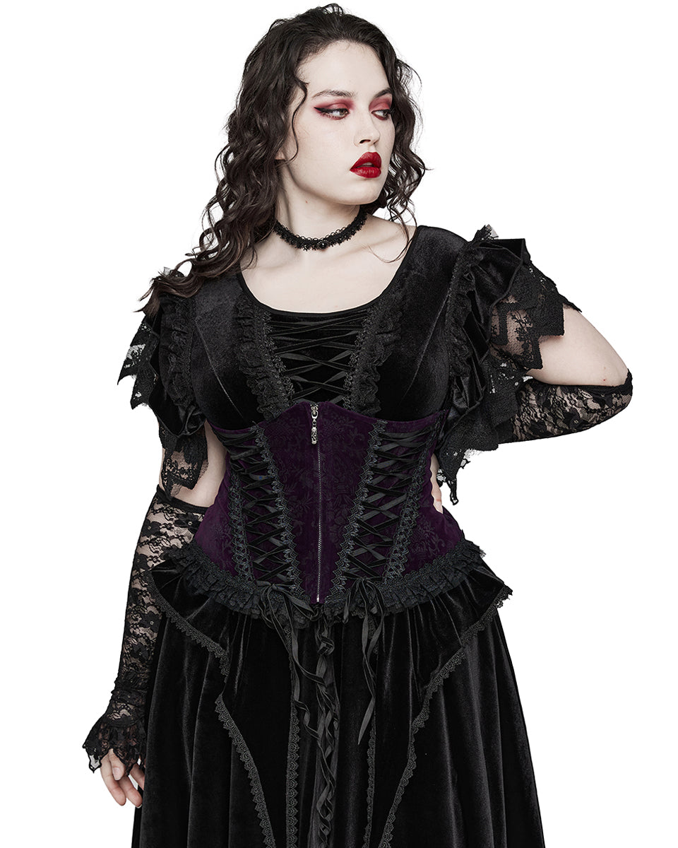 PR-DS-564YDF-BKVIF Gothic Victorian Damask Cincher Corset - Extended Size Range - Purple Velvet