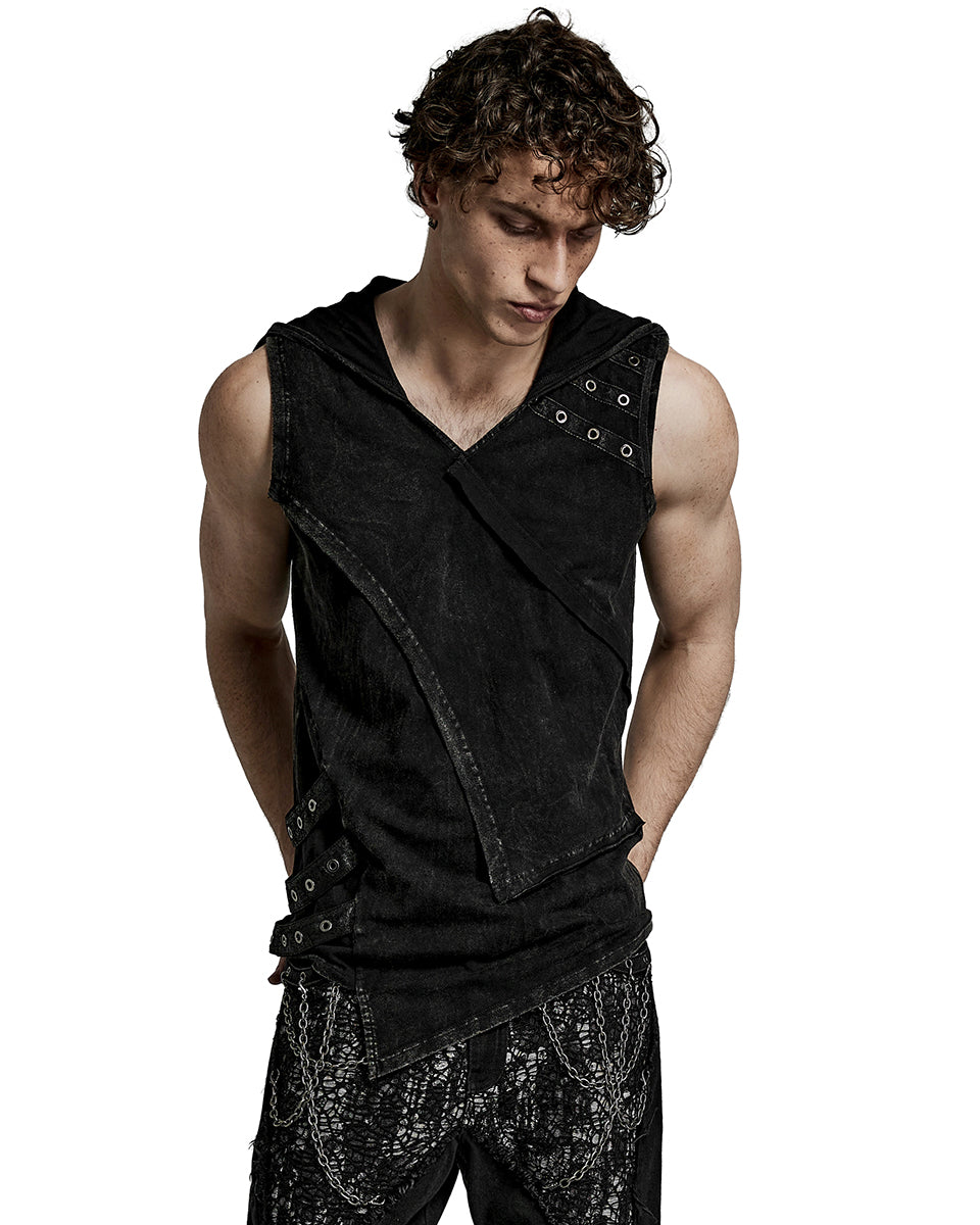 PR-T770-BKM Mens Distressed Apocalyptic Gothic Asymmetric Hooded Tank Top Vest