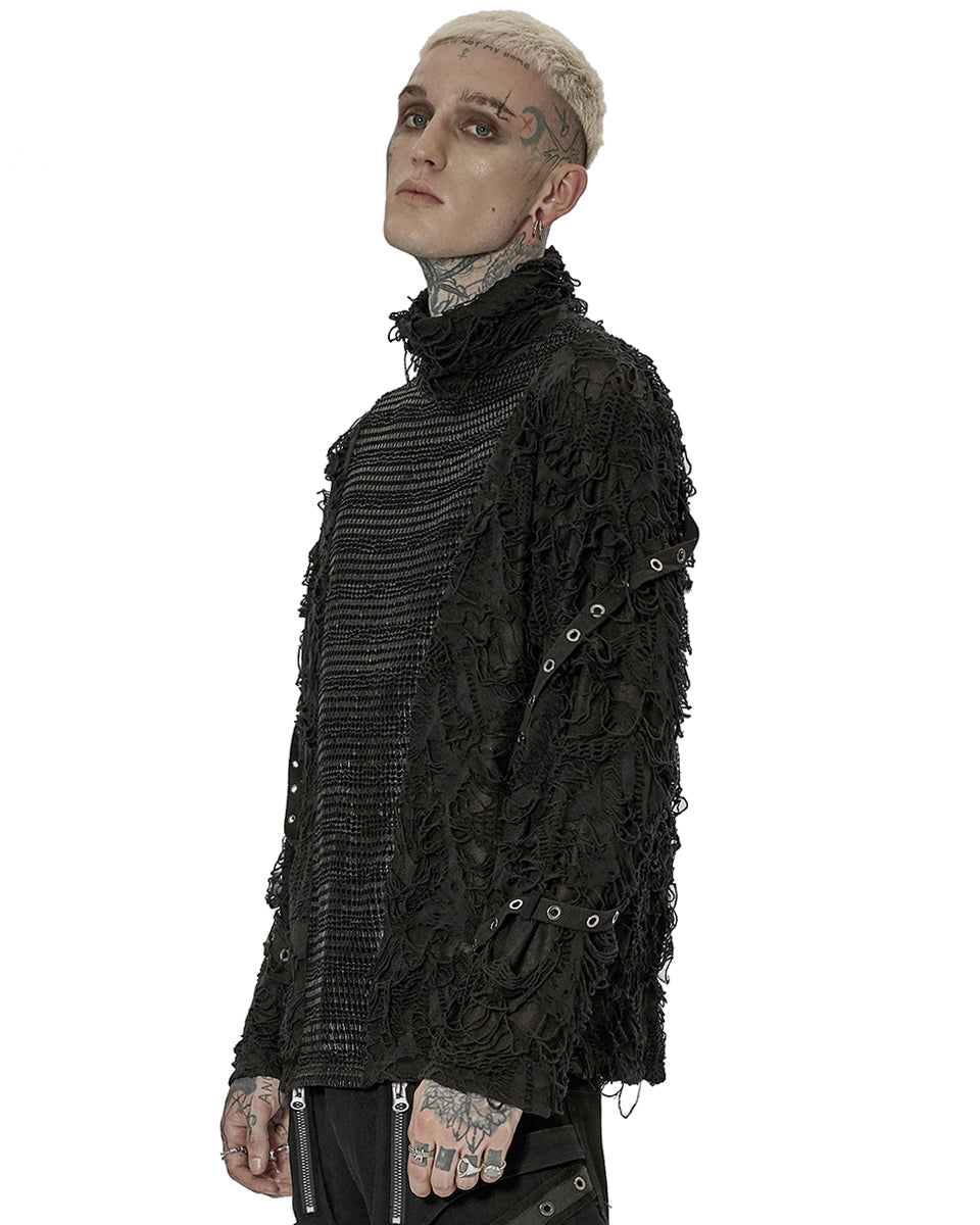 Punk Rave Mens Dystopian Cyberpunk Shredded Mesh Panelling Top