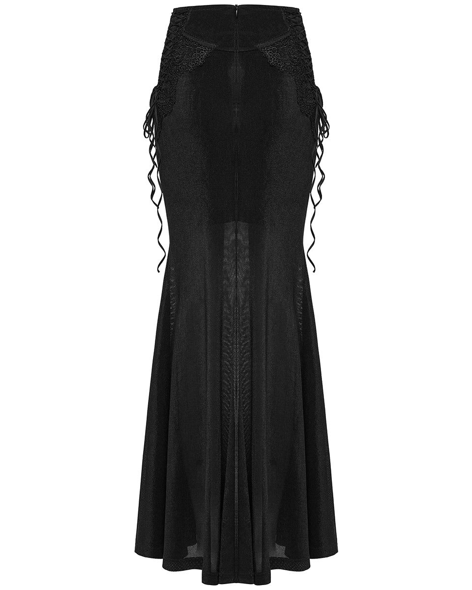 PR-WQ-929BQF-BKF Womens Long Gothic Velvet & Lace Applique Maxi Skirt