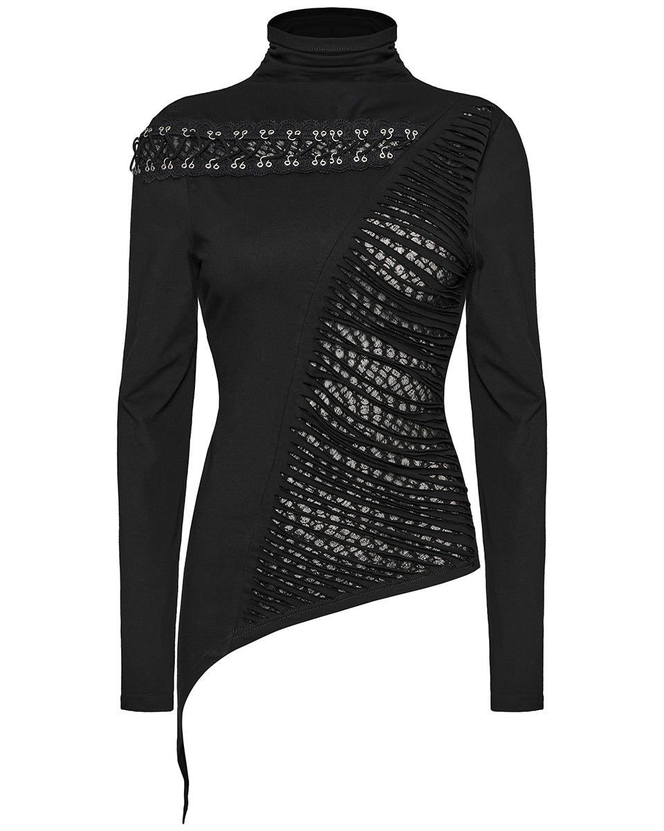 OT-952TCF-BKF Daily Life Womens Asymmetric Apocalyptic Spliced Mesh Top