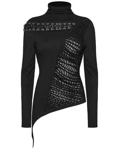 OT-952TCF-BKF Daily Life Womens Asymmetric Apocalyptic Spliced Mesh Top