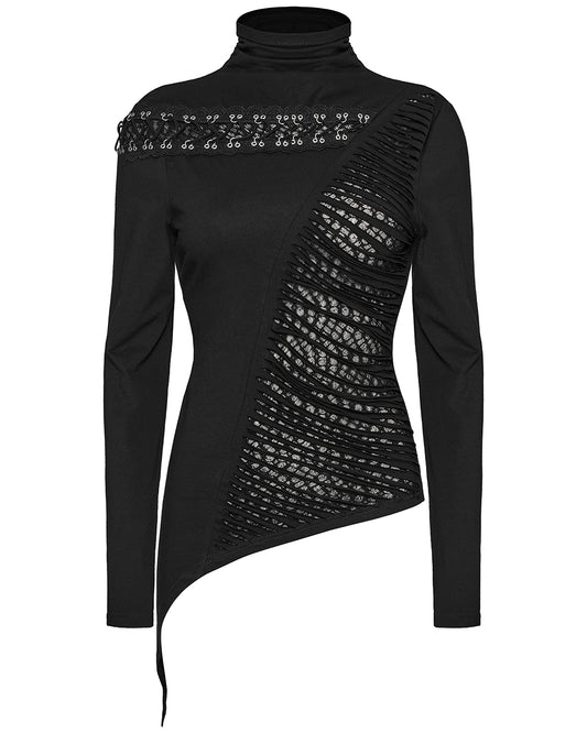 OT-952TCF-BKF Daily Life Womens Asymmetric Apocalyptic Spliced Mesh Top