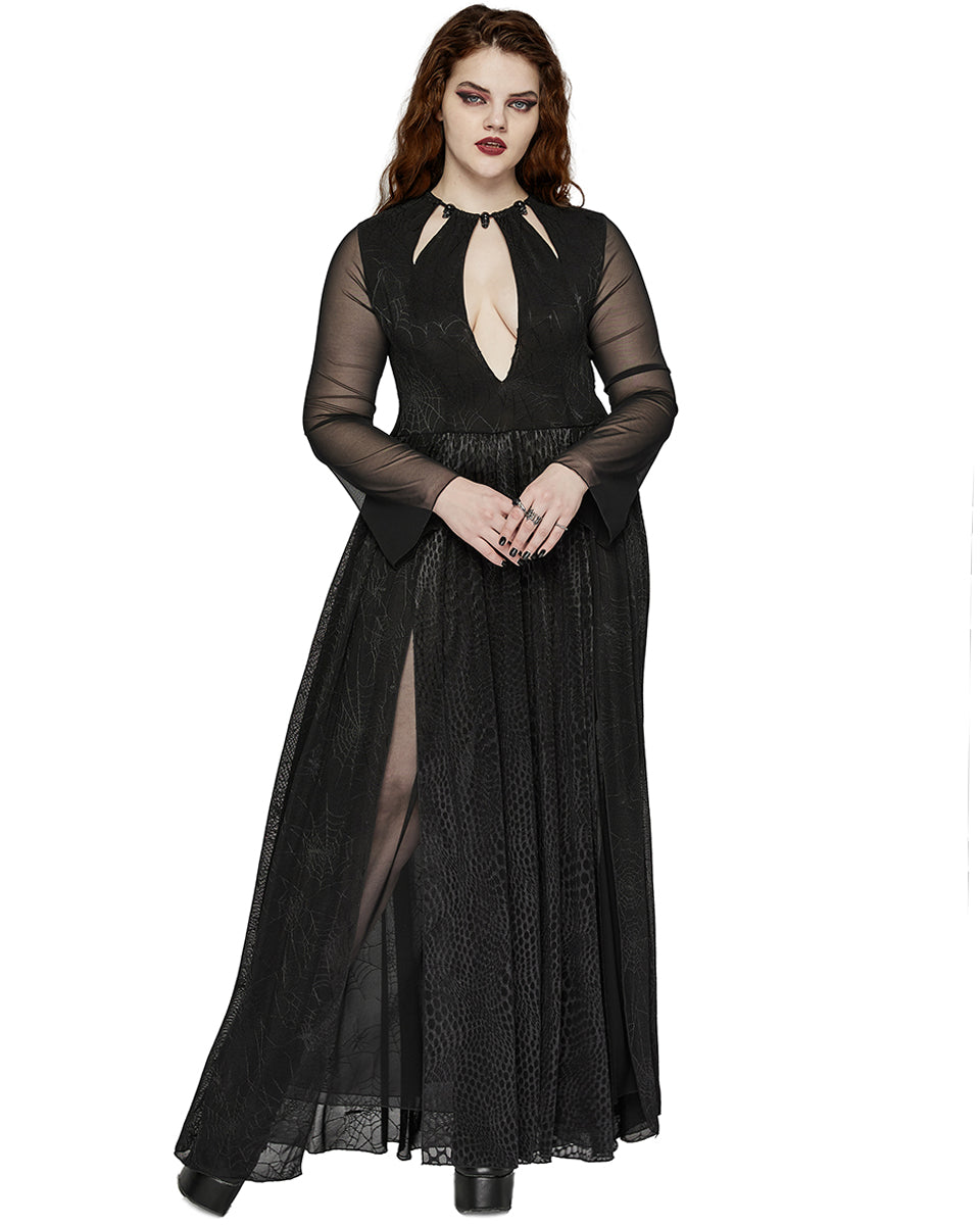 DQ-738LQF Plus Size Womens Gothic SpiderWeb Mesh Snakescale Maxi Dress