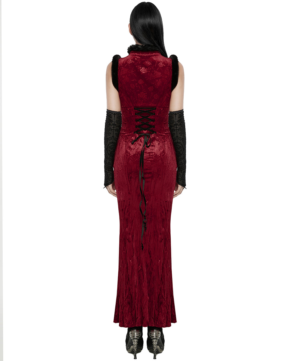 WQ-756LQF Womens Gothic Embossed Rose Velvet & Faux Fur Cheongsam Dress - Red