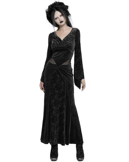 WQ-741LQF Womens Long Baroque Gothic Embossed Velvet Maxi Dress - Black