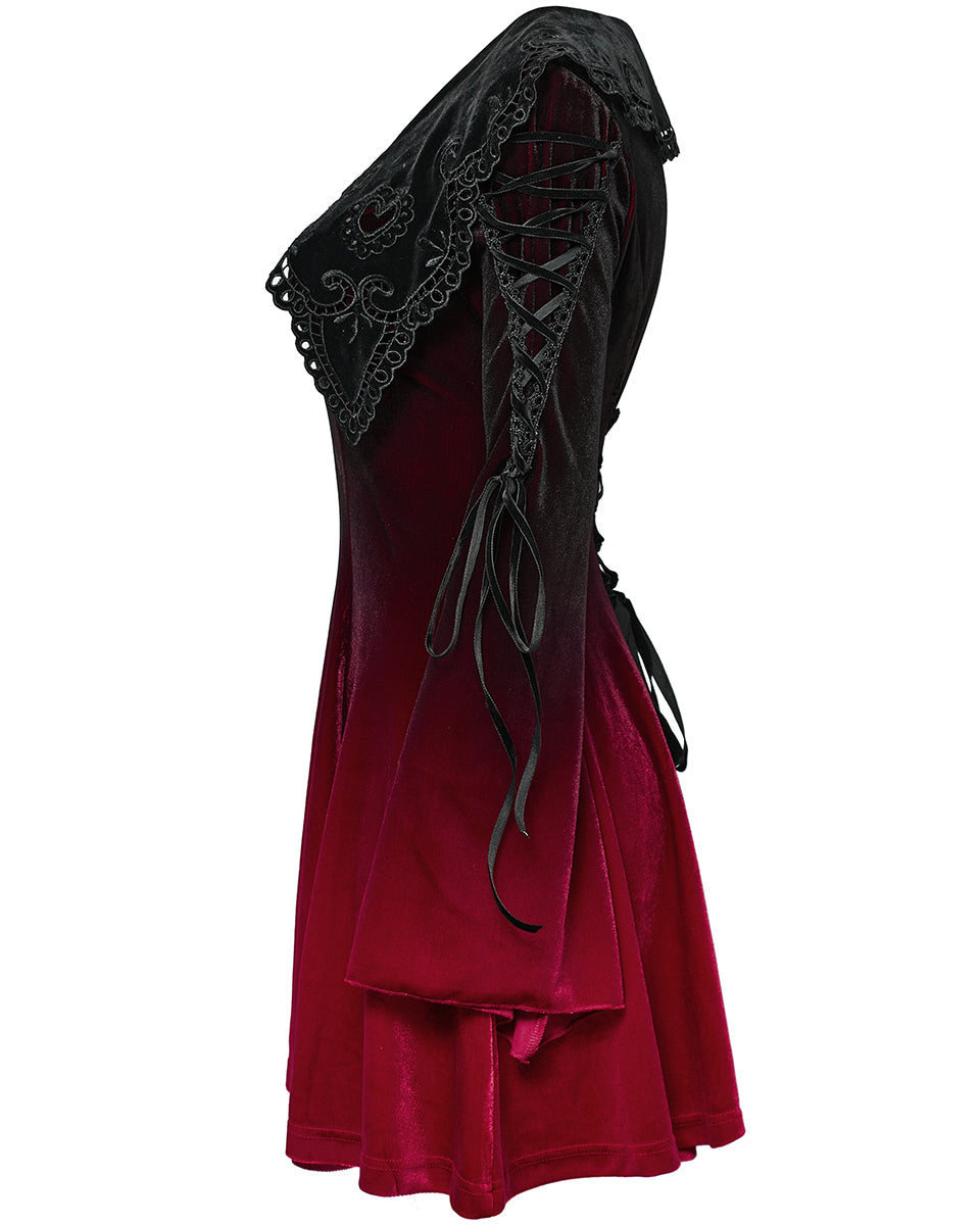 WQ-770LQF Womens Gothic Velvet Mini Dress With Oversize Embellished Collar - Red & Black Gradient